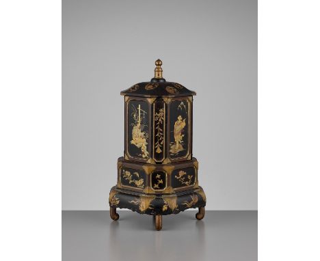   A RARE AND UNUSUAL LACQUERED WOOD EXPORT CIGAR DISPENSER  Japan, late 19th century    Of octagonal shape, carved from sever