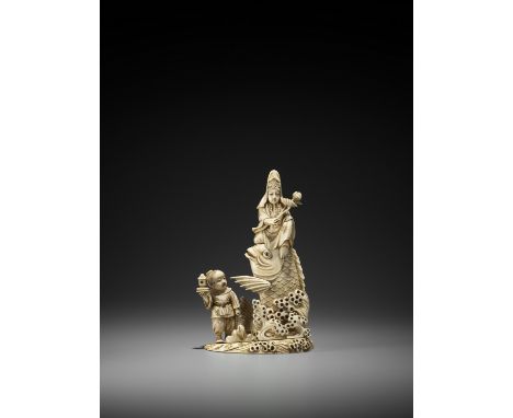   GYOKUSEN: AN IVORY OKIMONO OF KANNON SEATED ON A GIANT CARP WITH BOY  By Gyokusen, signed Gyokusen  Japan, Meiji period (18