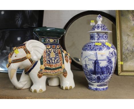 Delftware vase with lid and elephant form jardiniere stand 