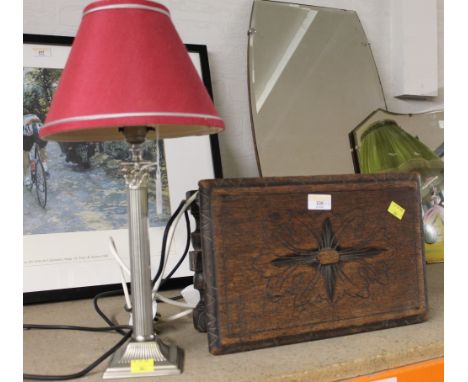 Small oak footstool and Corinthian column table lamp and shade  