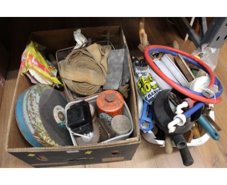 Two boxes of hand tools, tins, straps, cutting disc, etc. 