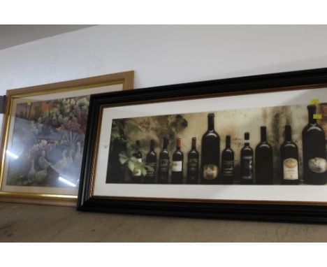 Two framed and mounted prints of geese and bottles of wine 