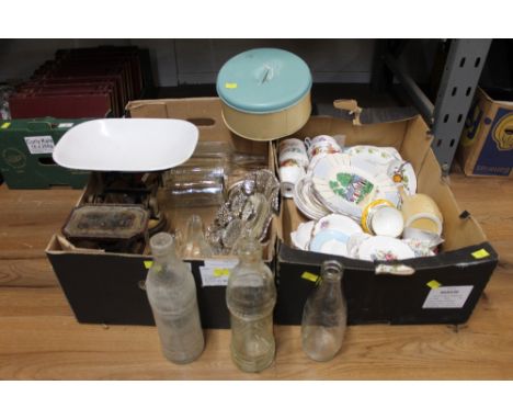 Two boxes of scales, decorative plates, cups and saucers, etc. 