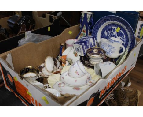 Box of decorative cups and saucers, plates, storage jar etc