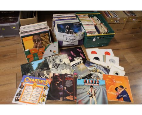 Three boxes of LPs and singles, Manhattan Transfer, Michael Jackson, Rolling Stones, etc. 