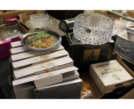 Two boxes of decorative plates, collectors plates, Hummel figures, addometer and crystal glassware