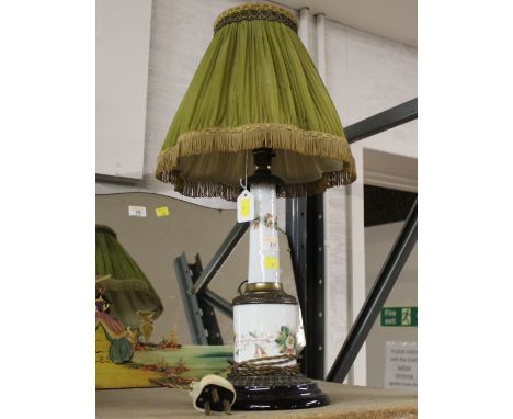 Vintage table lamp with glass painted column with shade 