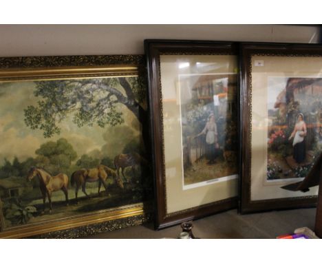 Two framed prints, cottage scene and horses