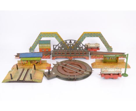 Bing and Hornby M series 0 Gauge Railway Equipment, Bing items including clockwork girder bridge with ramps, and a capstan-op