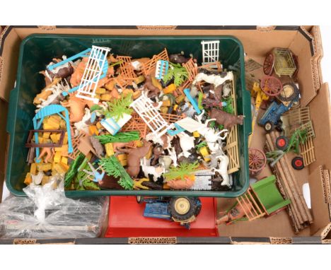 Britain's and Other Farm Vehicles and Accessories, a large unboxed/playworn/damaged collection in various scales of farm vehi