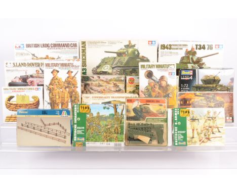 WWII Military Vehicle Kits and Figures, boxed or carded, Tamiya 1:35 scale, 35122 Sherman Tank, 35059 T34 tank, 32407 LRDG Co