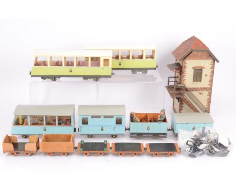 Scratch-or Kit-built G scale (gauge 1 track) Rolling Stock and Commercial Buildings, stock comprising 2 bogie coaches in ligh