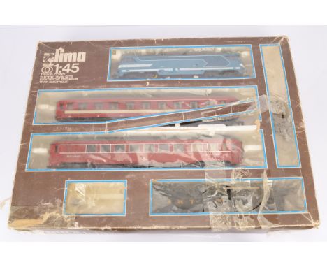 A Lima 0 gauge (2-rail) Continental Passenger Train and LMS 3F Locomotive, the set containing blue SNCF Bo-Bo diesel No. 6700