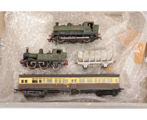 GWR 00 Gauge kitbuilt Locomotive Coach and wagon, GWR green 0-6-0T Pannier Tank 7705, 0-4-2T 1436, brown/cream Auto Coach met
