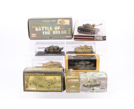 WWII  and Later Tanks, a boxed/cased group, Corgi CC60504 Battle of the Bulge Tiger (minus commanders machine gun), 66601 Kin