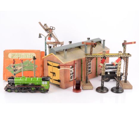 Two Home-built Engine Sheds and various Commercial items for 0 Gauge or larger, a double-track engine shed approx 23" long, a
