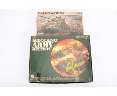 Meccano Army Set and Tamiya Kit Tank, both boxed, Meccano Army Multikit, unchecked for completeness, with instructions and un