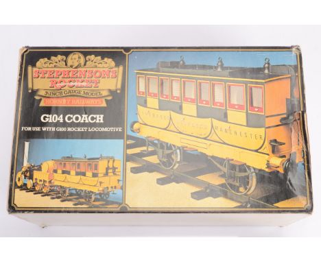 A Hornby 3½" Gauge G104 'Rocket' Coach, in original box with name transfer sheet, G, one step detached (in box), roof lamp ri