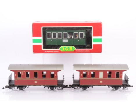 Three G Gauge German 4-wheel Coaches by LGB and Piko, one boxed LGB 30200 'old-timer' 3rd-class coach in green with clerestor