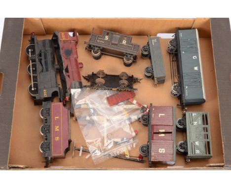 A mixed lot of 0 Gauge Trains, including black Lima 4F loco only, red Lima 4F loco body and tender, scratch- or kit-built LNW
