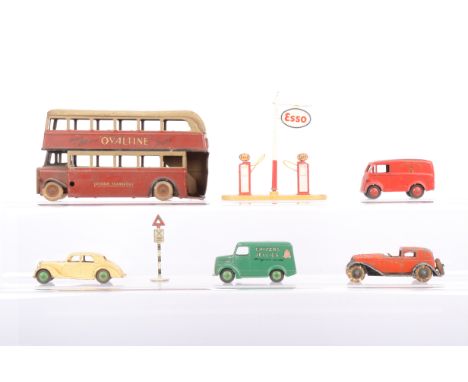 Postwar Playworn Diecast and Triang Minic Double Deck Bus, Tootsie Toy (1) minus windscreen, Dinky Riley, Royal Mail van, Chi