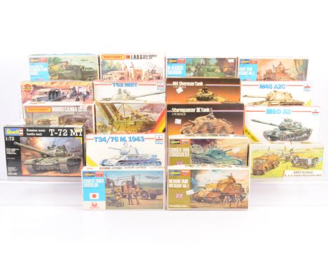 WWII Military Vehicle Kits, all boxed, 1:72 scale examples, Humbrol HK 72210 Sturmpanzer, HK 72203 Sherman, Esci 8340 T62, 83