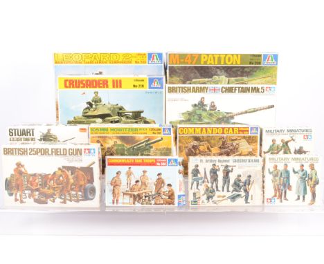 WWII and Later Military Vehicles and Figures, a boxed collection 1:35 scale, Italeri 208 Patton tank, 243 Leopard tank, 219 C