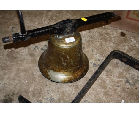 A LARGE VINTAGE WALL HANGING BELL WITH CAST METAL BRACKET