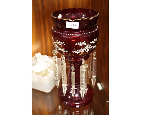 A LARGE RUBY GLASS LUSTRE, H 37 cm TOGETHER WITH A SMALL SELECTION OF GLASS LUSTRE DROPPER SPARES, A/F, longest approx 22 cmC