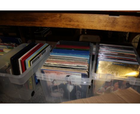 THREE BOXES OF ASSORTED LP RECORDS TO INCLUDE BONEY M, HUEY LEWIS AND THE NEWS, MICHAEL JACKSON ETC.
