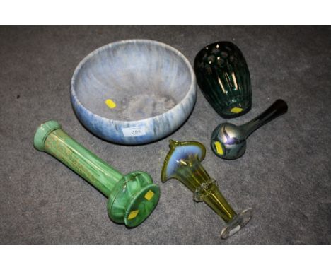 A CERAMIC FRUIT BOWL IN THE RUSKIN STYLE TOGETHER WITH FOUR GLASS VASES