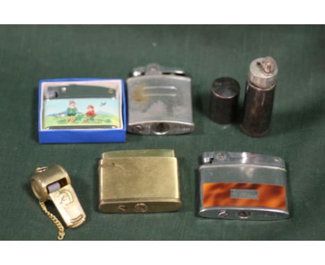 A SMALL BAG OF VINTAGE LIGHTERS TO INCLUDE A ZENITH EXAMPLE, TOGETHER WITH A WHISTLE 