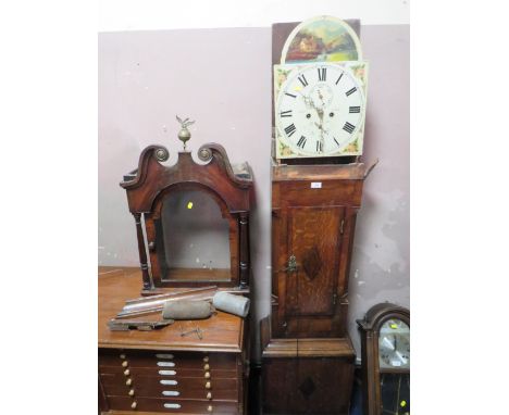 AN ANTIQUE OAK AND MAHOGANY LONGCASE CLOCK WITH ENAMEL DIAL R - MILLER - PERTH A/F TWIN WEIGHTS - PENDULUM