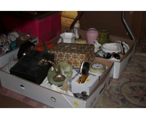 TWO TRAYS OF CERAMICS ETC TO INCLUDE A GLASS DECANTER