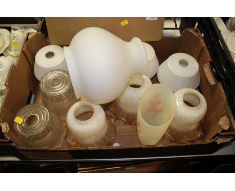 A TRAY OF VINTAGE GLASS LIGHT SHADES