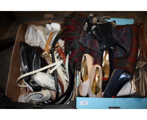 TWO BOXES OF VINTAGE LADIES SHOES AND ACCESSORIES, to include belts and scarves etc.(2)