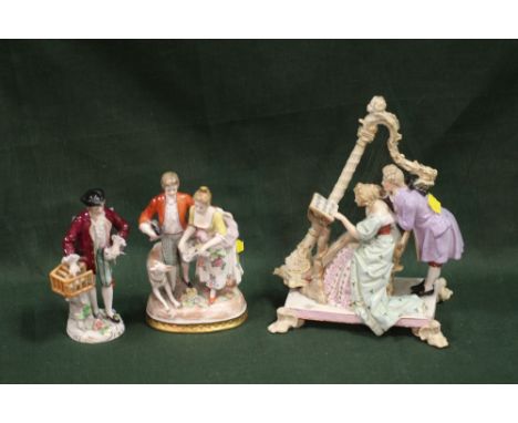 A CONTINENTAL STYLE FIGURE OF A LADY AND GENTLEMAN PLAYING A HARP, TOGETHER WITH TWO OTHER CONTINENTAL STYLE FIGURES (3) 