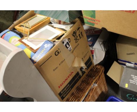 A LARGE QUANTITY OF HOUSEHOLD SUNDRIES TO INCLUDE A WICKER PICNIC HAMPER, STEEL TOP CAPPED BOOTS ETC (3)