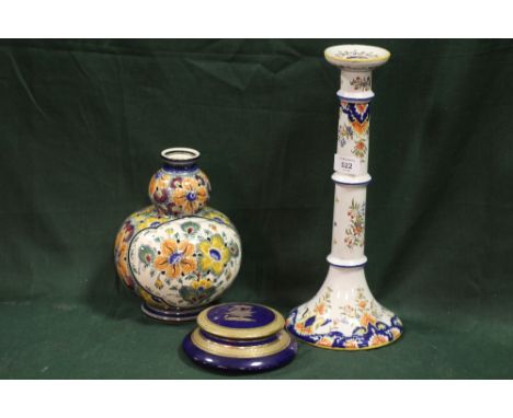 A 20TH CENTURY FRENCH FAIENCE POTTERY CANDLESTICK, H 37 cm, together with a Poly Delft double gourd vase, together with A CON