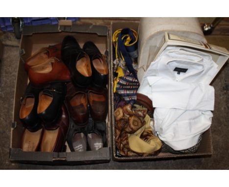 A BOX OF ASSORTED VINTAGE GENTS SHOES, to include examples by Shipton &amp; Heneage, together with a box a gents accessories 