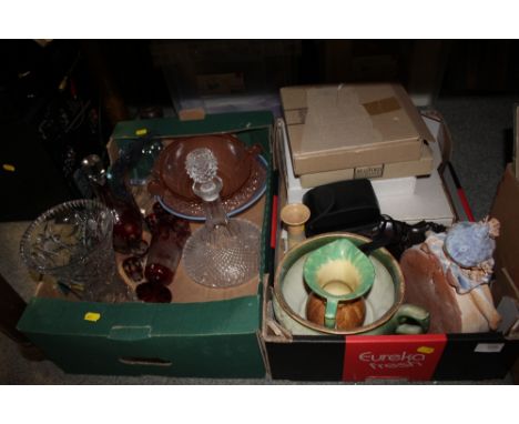 TWO BOXES OF CERAMICS AND GLASS TO INCLUDE COLLECTORS PLATES, RUBY GLASS DECANTER SET ETC.