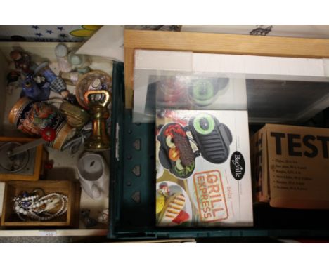 TWO BOXES OF CERAMICS AND GLASS TO INCLUDE A SMALL QUANTITY OF COSTUME JEWELLERY, WADE WHIMSIES, BRASS WEIGHTS ETC.