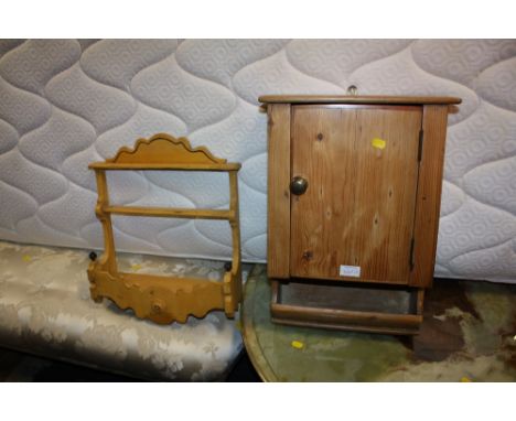 AN ANTIQUE PINE WALL HANGING CUPBOARD TOGETHER WITH A WALL HANGING SHELF (2)