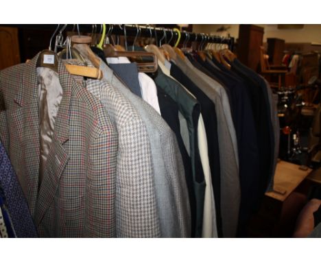 A RAIL OF VINTAGE GENTS CLOTHING, various styles and periods including two piece suits, 3pc morning suit with tail coat, even