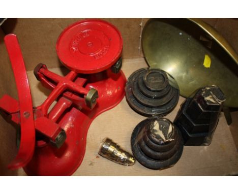 A BOX OF VINTAGE SCALE AND WEIGHTS