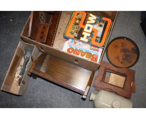 A BOX OF COLLECTABLES TO INCLUDE AN OAK BOOK TROUGH, MAPS, ANNUALS ETC.