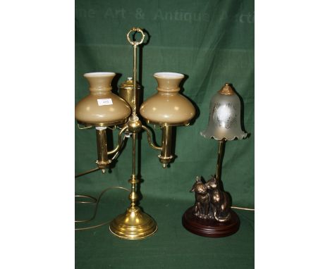 AN ADJUSTABLE BRASS TWIN BULB TABLE LAMP TOGETHER WITH A FRITHS SCULPTURE 'YUMYUM AND FRIEND' LAMP