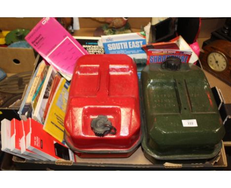 TWO 10 LITRE JERRY CANS TOGETHER WITH ORDNANCE SURVEY MAPS ETC.