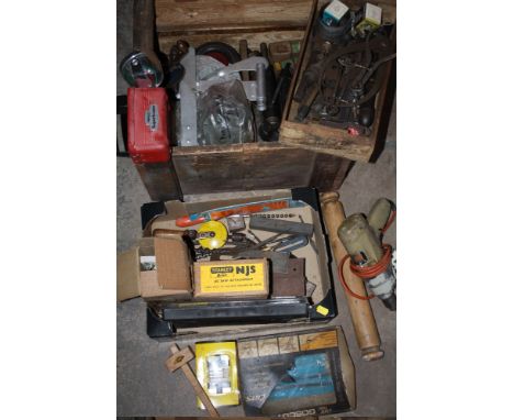A CRATE AND A BOX OF TOOLS, PARTS ETC