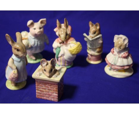 SIX ROYAL ALBERT BEATRIX POTTER FIGURES TO INCLUDE 'THE OLD WOMAN WHO LIVED IN A SHOE KNITTING', 'TOM THUMB' 